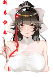 Rule 34 | 37850187133, azur lane, bad id, bad pixiv id, black hair, blush, bow, breasts, brown eyes, calligraphy brush, closed mouth, dress, hair bow, hair flaps, hair ornament, large breasts, looking at viewer, paintbrush, ponytail, ribbon, sleeveless, sleeveless dress, solo, takao (azur lane), takao (the lessons of spring) (azur lane), white bow, white ribbon