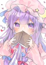 Rule 34 | 1girl, absurdres, blush, book, bow, covering own mouth, crescent, dress, hat, heart, highres, holding, holding book, long hair, long sleeves, looking at viewer, mob cap, pafe yuzuran, patchouli knowledge, purple eyes, purple hair, ribbon, solo, striped, touhou, upper body, white background