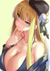 Rule 34 | 1girl, alternate breast size, bare shoulders, beret, bikini, black bikini, blonde hair, blue eyes, blush, breasts, cleavage, fate/grand order, fate (series), finger to mouth, hat, highres, large breasts, long hair, looking at viewer, lord el-melloi ii case files, off shoulder, open mouth, reines el-melloi archisorte, simple background, solo, spider apple, swimsuit, v, white background