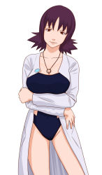 Rule 34 | 1girl, breast rest, breasts, creatures (company), female focus, game freak, kamisuki, lab coat, nintendo, philena ivy, pokemon, simple background, solo, standing, swimsuit, white background