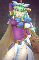 Rule 34 | 1girl, armor, bellnoa (choukadou girl 1/6), blush, breast armor, cape, choukadou girl 1/6, covering privates, covering breasts, gauntlets, green hair, headband, shield, shoulder armor, skirt, sword, thighs, weapon, yellow eyes