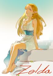 Rule 34 | 1girl, bare arms, bare shoulders, barefoot, blonde hair, breasts, character name, cleavage, dress, gradient background, green eyes, grey background, highres, large breasts, long hair, looking at viewer, nintendo, pointy ears, princess zelda, psp26958748, sitting, solo, the legend of zelda, the legend of zelda: breath of the wild, white dress