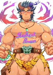 Rule 34 | 1boy, abs, absurdres, animal print, bara, belt, blue hair, bulge, cowboy shot, dark blue hair, demon boy, facial hair, fang, fiery horns, highres, horns, jewelry, large pectorals, long sideburns, male focus, male underwear, male underwear pull, manly, muscular, navel, necklace, pectorals, penis, penis peek, scar, short hair, sideburns, solo, stubble, takemaru (housamo), thick eyebrows, thick thighs, thighs, tiger print, tokyo houkago summoners, topless male, underwear, yuufreak