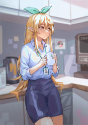 Rule 34 | 1girl, absurdres, blonde hair, blue skirt, blurry, blurry background, brown eyes, collared shirt, cup, dress shirt, fairy, formal, halterneck, halterneck, highres, holding, holding cup, long hair, long sleeves, looking at viewer, maplesights, mature female, microwave, miniskirt, mug, multiple views, name tag, nijisanji, nijisanji en, office lady, pantyhose, pointy ears, pomu rainpuff, salaryman, shirt, shirt tucked in, skirt, skirt suit, sleeves rolled up, solo, suit, virtual youtuber, white shirt