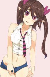 Rule 34 | 1girl, ashu, bare shoulders, blush, breasts, brown hair, head tilt, himekaidou hatate, large breasts, long hair, navel, necktie, pink background, pink eyes, pointy ears, short hair, short shorts, shorts, simple background, smile, smirk, solo, stomach, touhou, twintails