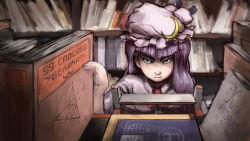 Rule 34 | 1girl, blunt bangs, book, book stack, crescent, dress, hat, highres, indoors, ladder, library, patchouli knowledge, purple eyes, purple hair, ranguage, russian text, serious, solo, touhou, translated
