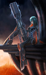 Rule 34 | 1girl, android, aqua hair, armor, cannon, city, colored eyelashes, cyberpunk, electricity, highres, hime cut, huge weapon, jinn (popmart), original, red eyes, scarf, science fiction, sitting, solo, weapon