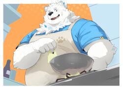 Rule 34 | 1boy, animal ears, apron, bandaid, bandaid on cheek, bandaid on face, bara, blue fur, blue shirt, blush, bottle, cooking, dog boy, dog ears, fat, fat man, from below, furry, furry male, highres, holding pan, keyhole, live a hero, looking at object, male focus, multicolored hair, noc (noku), open mouth, paw print, polka dot, polka dot background, shirt, short sleeves, solo, sparkle, stove, streaked hair, thick eyebrows, white fur, yohack