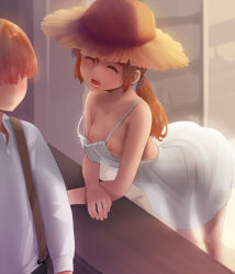 Rule 34 | 1boy, 1girl, :d, ^ ^, abubu, arm support, ass, bare shoulders, bent over, breasts, brown hair, closed eyes, collarbone, counter, downblouse, dress, happy, hat, leaning forward, long hair, nipples, no bra, open mouth, original, ponytail, see-through, short hair, small breasts, small nipples, smile, strap slip, straw hat, white dress