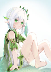 Rule 34 | 1girl, arm support, barefoot, bloomers, cape, child, commentary request, detached sleeves, dress, genshin impact, green eyes, hair between eyes, head tilt, highres, knees up, long hair, looking at viewer, mogumogumo 0, nahida (genshin impact), parted lips, short sleeves, side ponytail, sidelocks, simple background, sitting, solo, underwear, white background, white dress, white hair