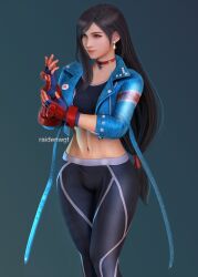 Rule 34 | 1girl, adjusting clothes, adjusting gloves, alternate costume, artist name, black hair, blue jacket, cammy white, cammy white (cosplay), choker, closed mouth, cosplay, cowboy shot, cropped jacket, earrings, final fantasy, final fantasy vii, final fantasy vii remake, fingerless gloves, gloves, highres, jacket, jewelry, lips, long hair, looking to the side, low-tied long hair, midriff, navel, pants, raidenwgt, red choker, red eyes, single earring, single sidelock, solo, spandex, sports bra, square enix, street fighter, street fighter 6, swept bangs, teardrop earring, tifa lockhart, tight clothes, tight pants