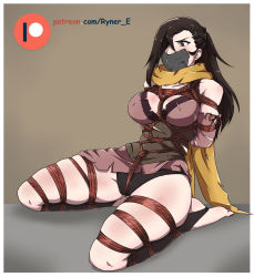 Rule 34 | 1girl, bare shoulders, black hair, blush, body blush, bound, breasts, brown eyes, fire emblem, fire emblem fates, gag, gagged, gloves, hair over one eye, highres, improvised gag, kagero (fire emblem), large breasts, long hair, ninja, nintendo, ponytail, ryner-e, scarf, simple background, solo, tape, tape gag, thighs, tied up, torn clothes