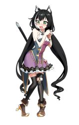 Rule 34 | 1girl, absurdres, animal ear fluff, animal ears, bare shoulders, black hair, black thighhighs, cat ears, cat girl, cat tail, fang, full body, green eyes, highres, karyl (princess connect!), long hair, nyanwaon, open mouth, own hands together, princess connect!, self-upload, shoes, simple background, sleeveless, standing, tail, thighhighs, v-shaped eyebrows, very long hair, white background