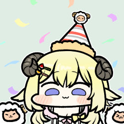 Rule 34 | &gt; &lt;, 1girl, :3, blonde hair, breasts, chibi, cleavage, closed eyes, closed mouth, commentary request, confetti, curled horns, hair between eyes, hair ornament, hairclip, hat, hololive, horns, jazz jack, long hair, lowres, party hat, purple eyes, sheep, solo, tsunomaki watame, tsunomaki watame (loungewear), virtual youtuber