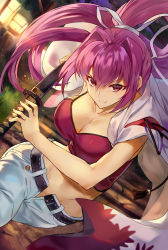 Rule 34 | 1girl, artist request, breasts, cleavage, duplicate, highres, large breasts, long hair, looking at viewer, midriff, ponytail, purple hair, red eyes, sword, under night in-birth, weapon, yuzuriha (under night in-birth)
