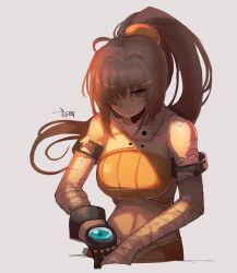 Rule 34 | 1girl, bandaged arm, bandages, bandaid, bandaid on face, black gloves, breasts, brown hair, closed mouth, crop top, dungeon and fighter, fighter (dungeon and fighter), gloves, green eyes, highres, hwaryeok, large breasts, long hair, looking down, navel, orange shirt, ponytail, shirt, solo, white background