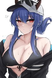Rule 34 | 1girl, arknights, bare shoulders, baseball cap, bikini, black bikini, black jacket, blush, breasts, ch&#039;en (arknights), ch'en (arknights), cleavage, closed mouth, collarbone, commentary, dragon girl, dragon horns, english commentary, eyewear on headwear, female tourist c (arknights), folded ponytail, hair between eyes, hat, highres, horns, horns through headwear, jacket, large breasts, looking at viewer, namikare, official alternate costume, open clothes, open jacket, red eyes, sidelocks, simple background, solo, sunglasses, swimsuit, upper body, wet, white background, white hat