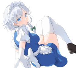 Rule 34 | 1girl, :o, apron, blue dress, blue eyes, braid, breasts, brown footwear, dress, elbow gloves, from behind, gloves, grey hair, highres, izayoi sakuya, maid apron, maid headdress, medium breasts, medium hair, open mouth, paragasu (parags112), puffy short sleeves, puffy sleeves, shoes, short sleeves, simple background, solo, thighhighs, touhou, twin braids, waist apron, white apron, white background