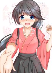 Rule 34 | 10s, 1girl, anchor symbol, black hair, blue eyes, blush, bow, floral background, flying sweatdrops, hand grab, highres, houshou (kancolle), japanese clothes, kantai collection, kimono, looking at viewer, open mouth, pov, pov hands, sazamiso rx, solo focus, sweatdrop, tasuki, translation request, wavy mouth, wide sleeves