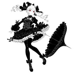 Rule 34 | 1girl, anderson m0311, cross-laced clothes, cross-laced dress, dress, drill hair, frilled dress, frilled sleeves, frilled umbrella, frills, full body, gothic lolita, hair ribbon, highres, holding, holding umbrella, idolmaster, idolmaster cinderella girls, kanzaki ranko, lolita fashion, long hair, looking at viewer, monochrome, parasol, red eyes, ribbon, simple background, solo, spot color, thighhighs, twin drills, twintails, umbrella
