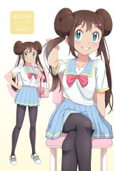 Rule 34 | 1girl, absurdres, alternate costume, black pantyhose, blue eyes, blue sailor collar, blue skirt, bow, breasts, brown hair, chair, character name, collarbone, commentary, creatures (company), double bun, game freak, grin, hair bun, hand up, highres, long hair, multiple views, nintendo, pantyhose, pink bow, pleated skirt, poke ball symbol, pokemon, pokemon bw2, rosa (pokemon), sailor collar, scarletsky, school uniform, shirt, shoes, sitting, skirt, smile, sneakers, standing, teeth, twintails, white shirt