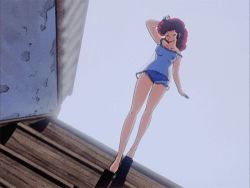 Rule 34 | 1girl, animated, animated gif, barefoot, breasts, closed eyes, collarbone, dutch angle, feet, hand on own head, long hair, lowres, maison ikkoku, navel, nightgown, nipples, panties, red hair, roppongi akemi, see-through, solo, stairs, toes, underwear, walking, yawning