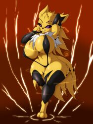 Rule 34 | 1girl, blonde hair, breasts, creatures (company), eyelashes, furry, furry female, game freak, gen 1 pokemon, huge breasts, jolteon, legs, navel, nintendo, pokemon, pokemon (creature), purple eyes, smile, solo, standing, standing on one leg, suirano, thick thighs, thighs, thunder, wide hips