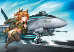 Rule 34 | 1girl, aerial bomb, aircraft, aircraft carrier, airplane, animal ears, bomb, bomber jacket, brown hair, commentary request, dog tags, drop tank, explosive, f/a-18e super hornet, fighter jet, guided bomb, henshako, horse ears, horse girl, jacket, jet, laser-guided bomb, long hair, long sleeves, mayano top gun (umamusume), military, military vehicle, missile, name connection, navel, orange eyes, paveway, pilot, precision-guided munition, running, ship, shirt, shoes, shorts, skindentation, smile, sneakers, thighhighs, top gun, top gun: maverick, umamusume, united states navy, vehicle focus, warship, watercraft