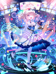 Rule 34 | 1girl, ;d, absurdres, armpits, barbara (genshin impact), belt, blue eyes, book, choker, commentary, concert, detached sleeves, dress, english commentary, full body, genshin impact, hair between eyes, hat, heart, highres, light brown hair, light stick, long hair, long sleeves, looking at viewer, music, musical note, nun, one eye closed, open mouth, pantyhose, screen, sidelocks, singing, smile, solo, standing, standing on one leg, twintails, viclim-monou, vision (genshin impact), waving, white dress, white pantyhose