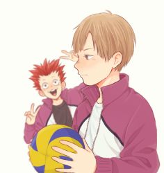 Rule 34 | 2boys, :3, ball, black shirt, blunt bangs, blurry, brown eyes, brown hair, closed mouth, commentary request, double v, haikyuu!!, holding, holding ball, jacket, laugh 111, male focus, multiple boys, open clothes, open jacket, red hair, shirabu kenjirou, shirt, short hair, sportswear, tendou satori, v, volleyball, volleyball (object), white shirt