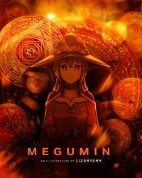 Rule 34 | 1girl, arms behind back, artist name, belt, brown cape, brown hair, brown hat, cape, character name, cowboy shot, dress, frown, hat, highres, kono subarashii sekai ni shukufuku wo!, liza (lizanyahh), long sleeves, megumin, movie poster, oppenheimer (movie), poster parody, red dress, red eyes, solo, witch hat