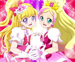 Rule 34 | 2girls, :d, asahina mirai, blonde hair, bow, brooch, color connection, cure flora, cure miracle, earrings, eyebrows, flower, flower earrings, gloves, go! princess precure, green eyes, hair bow, half updo, haruno haruka, hat, holding hands, jewelry, long hair, looking at viewer, magical girl, mahou girls precure!, mini hat, mini witch hat, moritakusan, multicolored hair, multiple girls, open mouth, pink background, pink bow, pink hair, pink hat, pink skirt, precure, puffy sleeves, purple background, purple eyes, skirt, smile, sparkle, streaked hair, symmetry, thick eyebrows, two-tone hair, waist bow, white gloves, witch hat