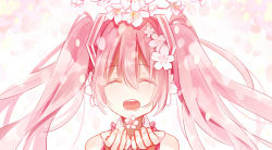 Rule 34 | 1girl, cheng (job276), cherry blossoms, closed eyes, floating hair, flower, hair between eyes, hair flower, hair ornament, hatsune miku, long hair, open mouth, pink hair, portrait, sakura miku, simple background, solo, twintails, very long hair, vocaloid, white background, white flower