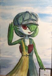 Rule 34 | 1girl, arm at side, artist name, blue dress, blue hat, blue sky, bob cut, cabbie hat, cloud, colored skin, creatures (company), day, dress, female focus, flat chest, game freak, gardevoir, gardevoir (cafe), gen 3 pokemon, green hair, green skin, hair over one eye, hand up, happy, hat, highres, holding, horizon, keishi (pixiv 1245064), multicolored skin, nintendo, ocean, one eye covered, open mouth, outdoors, painting (medium), pokemon, pokemon (creature), pokemon unite, red eyes, short hair, signature, sky, sleeveless, sleeveless dress, smile, solo, traditional media, two-tone dress, two-tone skin, watercolor (medium), waving, white skin, yellow dress