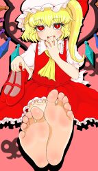 Rule 34 | 1girl, 3cc1a, barefoot, blonde hair, feet, flandre scarlet, highres, light blush, long hair, looking at viewer, mary janes, red eyes, shoes, side ponytail, smile, soles, toes, touhou, unworn shoes
