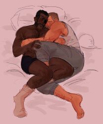 Rule 34 | 2boys, afterglow, bara, beard stubble, boxers, couple, cuddling, demoman (tf2), facial hair, from above, full body, highres, honeyginsen, interracial, leg between thighs, leg hair, male focus, male underwear, mature male, multiple boys, mustache, mutton chops, old, old man, on bed, short hair, socks, soldier (tf2), sparse chest hair, stubble, team fortress 2, thick eyebrows, thighs, topless male, underwear, white socks, wrinkled skin, yaoi