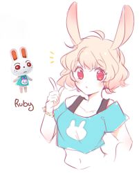 Rule 34 | 1girl, animal ears, blonde hair, bracelet, breasts, rabbit ears, character name, commentary, crop top, cropped torso, animal crossing, english commentary, freckles, highres, icedteii, jewelry, medium hair, multiple views, navel, nintendo, notice lines, pale skin, personification, rabbit girl, red eyes, ruby (animal crossing), simple background, small breasts, upper body, white background