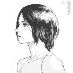 Rule 34 | 1girl, artist logo, collarbone, from side, greyscale, monochrome, nude, original, parted lips, short hair, shu-mai, simple background, solo, white background