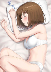 1girl absurdres bob_cut bra brown_hair commentary closed_eyes highres navel nedia_(nedia_region) original panties parted_lips pillow short_hair sleeping solo underwear underwear_only white_bra white_panties zzz