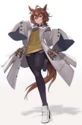 Rule 34 | 1girl, agnes tachyon (umamusume), ahoge, animal ears, brown hair, coat, commentary, earrings, full body, highres, horse ears, horse girl, horse tail, jewelry, kyomu (kyomu lwl), lab coat, long sleeves, medium hair, open clothes, open coat, pantyhose, red eyes, shadow, shoes, simple background, single earring, sleeves past fingers, sleeves past wrists, smirk, solo, standing, standing on one leg, sweater, tail, test tube, umamusume, white background, white footwear