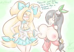 Rule 34 | 2girls, black hair, blazblue, blonde hair, blush, grabbing another&#039;s breast, breast implants, breast padding, breasts squeezed together, breasts, dullvivid, grabbing, huge breasts, litchi faye ling, long hair, multiple girls, nipples, aged up, platinum the trinity, silicone, size difference