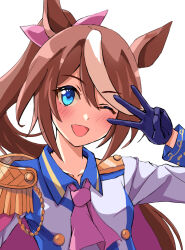 Rule 34 | 1girl, animal ears, ascot, blue gloves, blue jacket, bow, buttons, cape, commentary request, double-breasted, ear ornament, epaulettes, gloves, hair between eyes, highres, horse ears, horse girl, jacket, kuroganeruto, long hair, multicolored clothes, multicolored hair, multicolored jacket, one eye closed, open mouth, pink ascot, pink bow, pink cape, ponytail, simple background, single epaulette, smile, solo, teeth, tokai teio (umamusume), two-tone hair, two-tone jacket, umamusume, upper body, upper teeth only, w, white background, white jacket