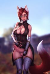 Rule 34 | 1girl, animal ears, armor, bare shoulders, black-framed eyewear, black gloves, black skirt, blue eyes, blurry, blurry background, boots, breasts, brown dress, cleavage cutout, clothing cutout, commission, dress, erection, faulds, fingerless gloves, folded ponytail, fox ears, fox tail, futanari, glasses, gloves, head tilt, highres, large breasts, lipstick, looking at viewer, makeup, maren ryder, medium hair, no panties, original, outdoors, parted lips, penis, personal ami, skirt, solo, standing, tail, testicles, thigh boots, uncensored, vambraces
