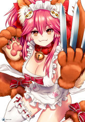 Rule 34 | 1girl, :3, @ @, animal ears, animal hands, apron, bell, breasts, cleavage, collar, fangs, fate/grand order, fate (series), fox ears, fox tail, hair ribbon, highres, knife, kuro kabuto2, large breasts, long hair, looking at viewer, maid headdress, naked apron, neck bell, pink hair, revision, ribbon, sideboob, simple background, single thighhigh, solo, tail, tamamo (fate), tamamo cat (fate), tamamo cat (third ascension) (fate), tamamo no mae (fate/extra), thighhighs, white background, white thighhighs, yellow eyes