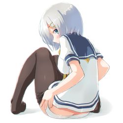 Rule 34 | 10s, 1girl, black pantyhose, blouse, blue eyes, blush, breasts, butt crack, clothes pull, commentary, dd (ijigendd), from behind, hair ornament, hair over one eye, hairclip, hamakaze (kancolle), kantai collection, knees together feet apart, knees up, large breasts, looking at viewer, looking back, no pants, no shoes, panties, pantyhose, pantyhose pull, school uniform, serafuku, shirt, short hair, short sleeves, silver hair, simple background, sitting, solo, underwear, undressing, white background, white panties, white shirt