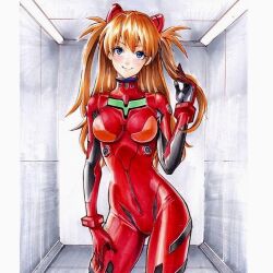 Rule 34 | 1girl, blue eyes, blush, bodysuit, breasts, brown hair, cleavage, curvy, hair between eyes, hair ornament, hand in own hair, holding, holding own hair, indoors, interface headset, long hair, looking at viewer, medium breasts, neon genesis evangelion, pilot suit, plugsuit, red bodysuit, rodrigo yoshimiya, shiny clothes, smile, solo, souryuu asuka langley, standing, twintails, two side up, wide hips