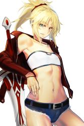 Rule 34 | 1girl, aqua eyes, bandeau, bare shoulders, belt, blonde hair, clarent (fate), cowboy shot, cutoffs, denim, denim shorts, fate/apocrypha, fate/grand order, fate (series), flat chest, hair ornament, hair scrunchie, highres, i-pan, jacket, jewelry, long sleeves, looking at viewer, micro shorts, midriff, mordred (fate), mordred (fate/apocrypha), mordred (memories at trifas) (fate), navel, necklace, off shoulder, open clothes, open jacket, ponytail, red jacket, red scrunchie, scrunchie, short hair, shorts, sidelocks, smile, solo, stomach, strapless, sword, thighs, tube top, weapon, white background