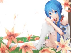 Rule 34 | 1girl, absurdres, bare shoulders, blue eyes, blue hair, blue skirt, blush, collarbone, commentary request, flower, highres, homura0620alicia, knee up, looking at viewer, medium hair, no shoes, original, red flower, shirt, short sleeves, sitting, skirt, smile, solo, thighhighs, white shirt, white thighhighs