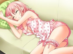 Rule 34 | 1girl, alternate hairstyle, amamoto fuuka, armpits, ass, bow, breasts, bridal garter, buttons, cleavage, closed eyes, couch, covered erect nipples, dutch angle, food print, frills, game cg, ginta, hair down, indoors, long legs, lying, on couch, on side, pajamas, panties, panty peek, parted lips, pillow, pink hair, short hair, short shorts, shorts, sleeping, sleeveless, solo, strawberry print, sugar+spice!, sugar+spice 2, unbuttoned, underwear, underwear only, upshorts, white panties