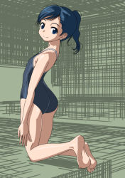 Rule 34 | 1girl, arms at sides, ass, bad id, bad pixiv id, barefoot, blue eyes, blue hair, blue one-piece swimsuit, blue school swimsuit, competition school swimsuit, feet, from behind, from side, kneeling, looking at viewer, looking back, one-piece swimsuit, original, ponytail, rohitsuka, school swimsuit, smile, soles, solo, swimsuit, toes